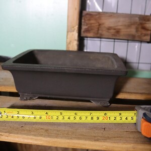 May include: A dark gray rectangular bonsai pot with small feet. The pot is approximately 8 inches long. A yellow measuring tape is placed next to the pot.