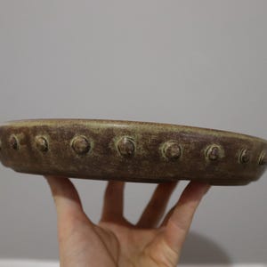 May include: A low, round, ceramic bowl with a textured, earthy appearance. The bowl is primarily brown with a greenish-yellow rim and is decorated with evenly spaced, raised circular accents around the edge. The bowl is held in a hand.