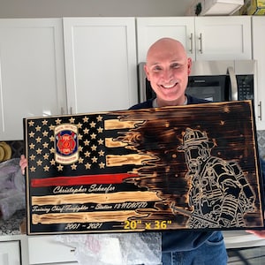 Personalisierte Feuerwehrmann Ruhestand, Werbung Geschenk, Holz amerikanische Flagge Design Plaketten, dünne rote Linie w / Inschriften ... VERSAND PREPAID