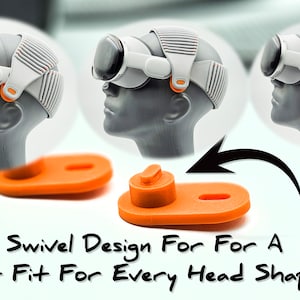 May include: A white virtual reality headset with orange adjustable straps. The straps are designed to swivel for a perfect fit for every head shape and size. The image shows the straps in three different positions.