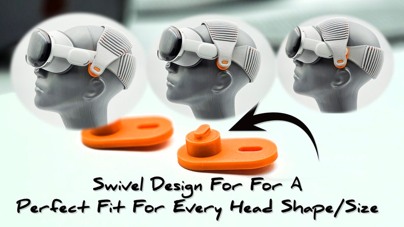 May include: A white virtual reality headset with orange adjustable straps. The straps are designed to swivel for a perfect fit for every head shape and size. The image shows the straps in three different positions.