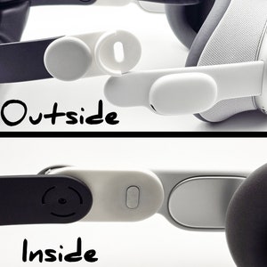 May include: A close-up of a white VR headset strap with a black strap and a white button. The strap is shown from the outside and inside. The text "Outside" and "Inside" is written below each image.
