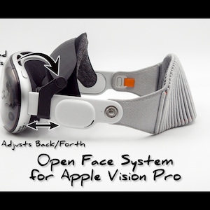 May include: A gray and white open face system for the Apple Vision Pro. The system has adjustable straps and a padded top that swivels. The text "Open Face System for Apple Vision Pro" is written below the device.