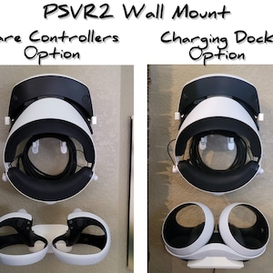 May include: A white PSVR2 headset wall mount with two options: a bare controllers option and a charging dock option. The headset is mounted on a white bracket with two white hooks. The controllers are mounted on a white bracket with two white hooks. The charging dock option has a white bracket with two white hooks and a white charging dock.