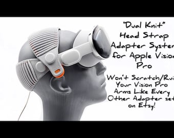 Puede incluir: Un sistema de adaptador de correa para la cabeza gris y naranja para Apple Vision Pro. El texto "Dual Knit" está escrito encima de la imagen. El texto "Won't Scratch/Ruin Your Vision Pro Arms Like Every Other Adapter set on Etsy!" está escrito debajo de la imagen.
