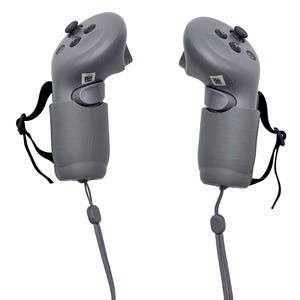 May include: Two gray VR controllers with multiple buttons and a hand strap. Each controller has a wrist strap and a textured grip. The controllers are designed for virtual reality gaming.