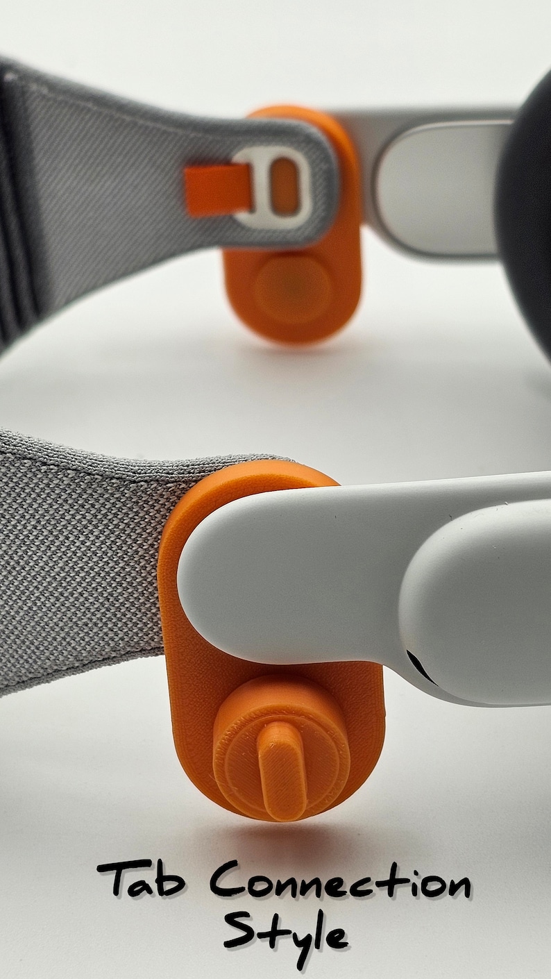 May include: Close-up of a gray headband with two orange plastic tabs. The tabs have a small, round button on the top. The text "Tab Connection Style" is written below the headband.