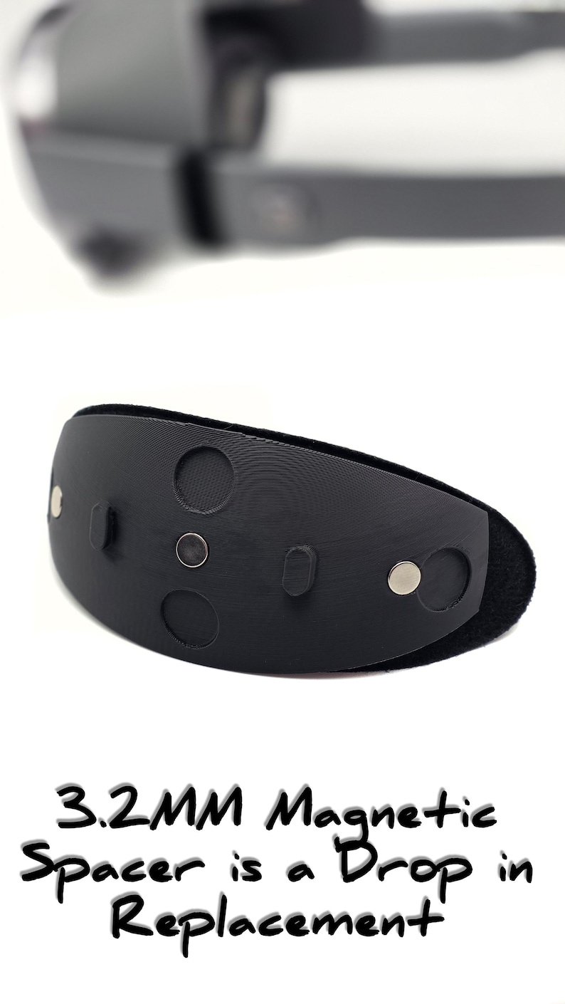 May include: A black 3.2MM magnetic spacer with a curved design, featuring circular and rectangular elements, and silver magnetic studs. The text "3.2MM Magnetic Spacer is a Drop in Replacement" is below the spacer.