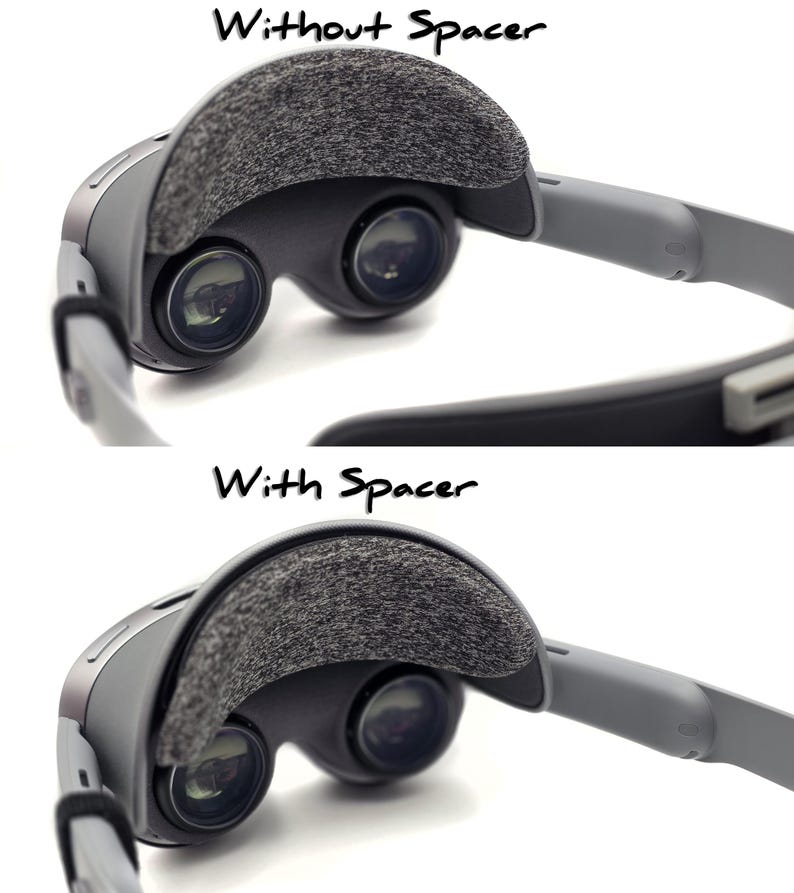 May include: A VR headset with a gray frame and a dark gray cushioned brow rest. The image shows the headset with and without a spacer, with the text "Without Spacer" and "With Spacer" above the respective views.