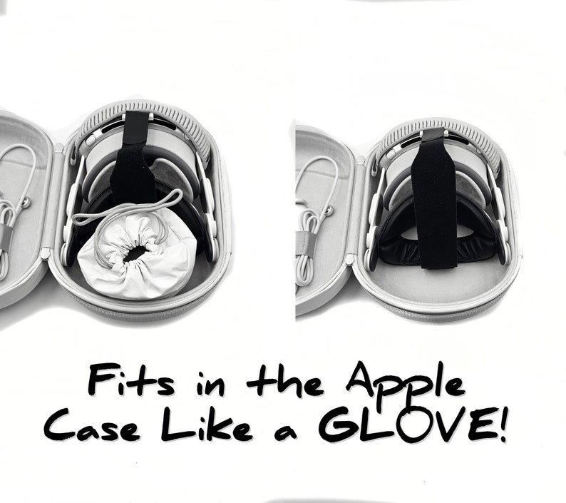May include: Two white hard shell cases with black straps and a white drawstring bag inside. The text "Fits in the Apple Case Like a GLOVE!" is written below the cases.