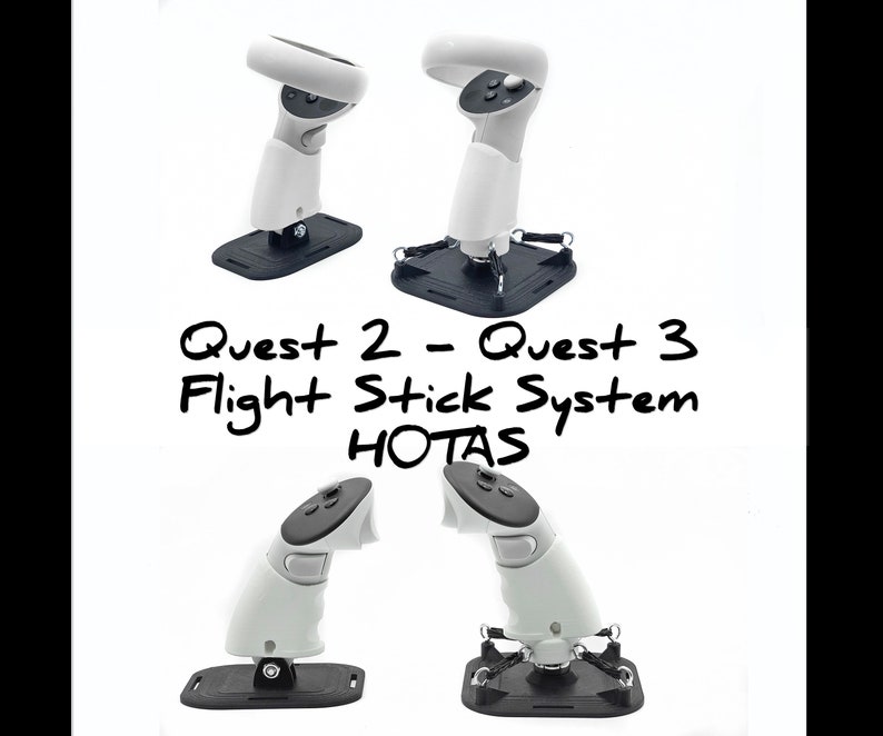 Puede incluir: Dos controladores VR Oculus Quest 2 o Quest 3 blancos montados en bases negras con correas. Los controladores est&aacute;n posicionados como si se estuvieran usando para un simulador de vuelo. El texto "Quest 2 - Quest 3 Flight Stick System HOTAS" est&aacute; escrito en marcador negro debajo de los controladores.
