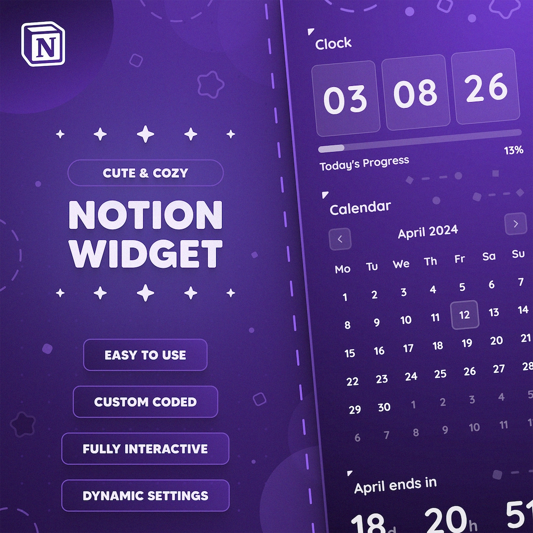 Notion Widget Clock Widget Calendar Widget Monthly Counter Widget Widgets for Notion Templates