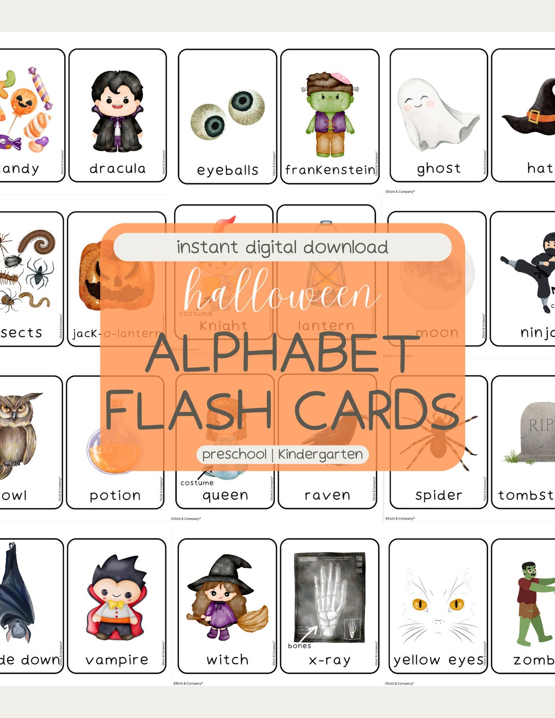 Hallowen ABC Flash Cards Watercolor Flash Cards Etsy