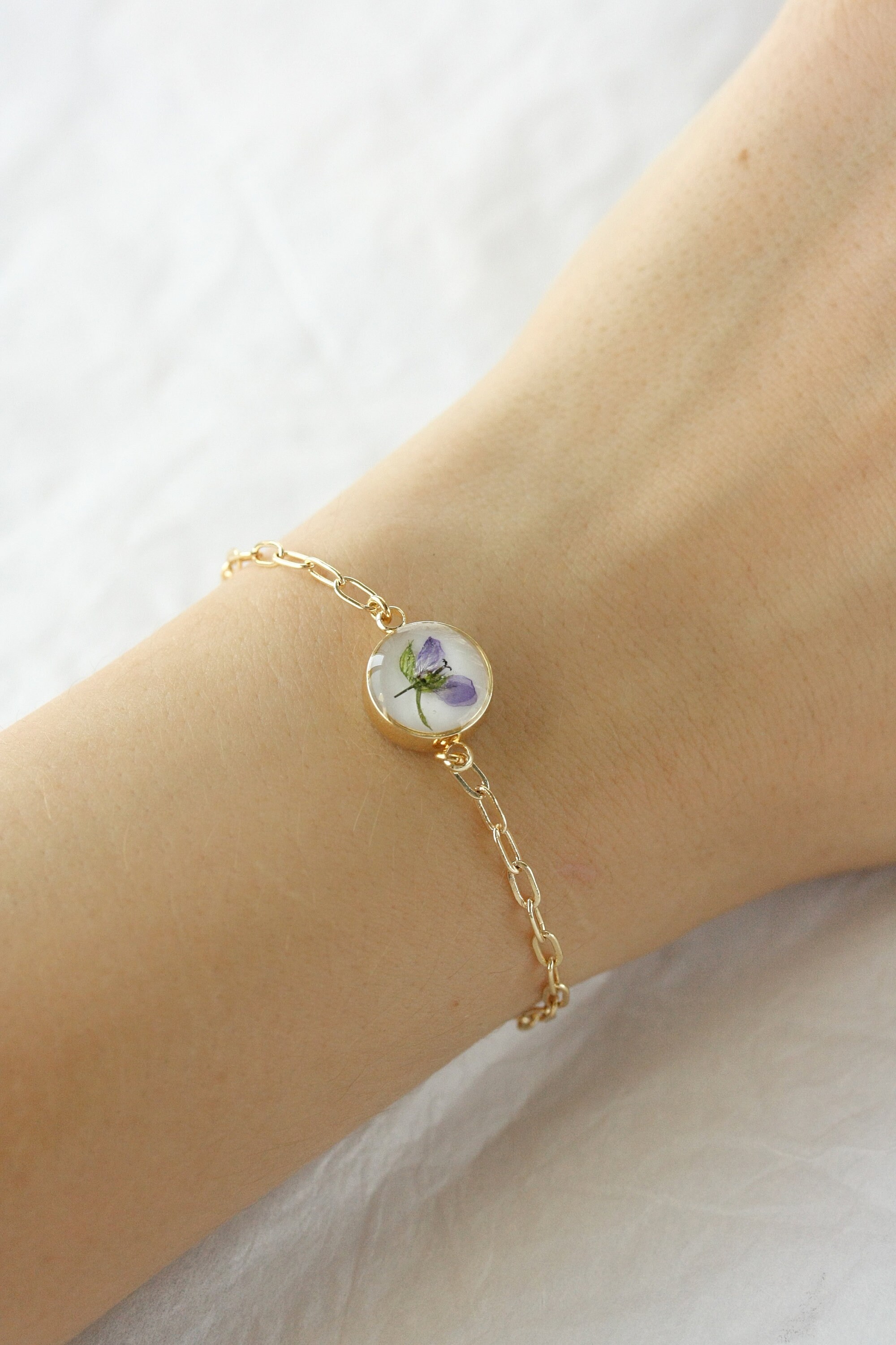 Real flower gold bracelet. 14k gold chain bracelet. Pressed Etsy