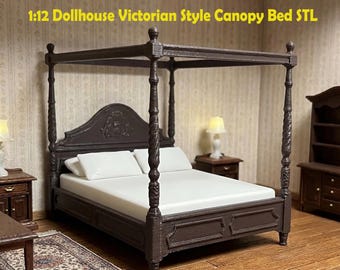 May include: A miniature Victorian-style canopy bed in dark brown, with a white mattress and pillows. The bed frame features ornate carvings and is part of a dollhouse set. The text "1:12 Dollhouse Victorian Style Canopy Bed STL" is displayed at the top.
