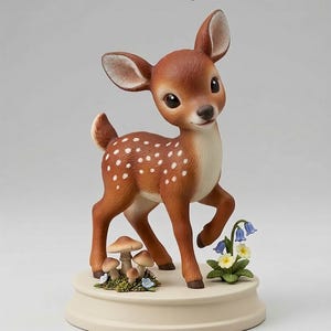 Może przedstawiać: Ręcznie malowana ceramiczna figurka sarny z białymi plamami, brązowym futrem i dużymi oczami. Sarna stoi na kremowej podstawie z grzybami i kwiatami. Tekst: Hand-Painted Easter Keepsake STL File DIY.