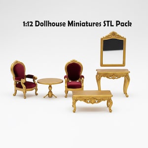 May include: Miniature dollhouse furniture set in gold and burgundy. Includes two armchairs, a small table, a coffee table, and a console table with a mirror. The set is labeled "1:12 Dollhouse Miniatures STL Pack."