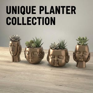 Può includere: Una collezione di quattro fioriere a forma di viso color bronzo, ognuna con una pianta succulenta. Le fioriere hanno design unici, alcuni con mani. Il testo "UNIQUE PLANTER COLLECTION" è in alto.