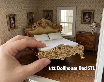 Cama barroca clásica a escala 1:12 - Muebles antiguos para casa de muñecas en miniatura (archivo STL imprimible en 3D) (descarga digital)