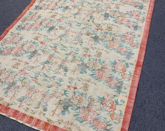 Handmade Turkish Wool Rug: Vintage Floral Design, 5.11 x 9.3 ft