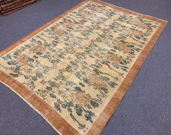 Vintage handmade colorful floral design carpet  5.11’’ X 8.7’’ ft living room carpet wool rectangle rug C-201