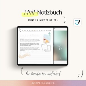 Könnte beinhalten: Ein Bildschirmfoto einer digitalen Planer-App, das ein mintgrünes, liniertes Notizbuch mit dem Text "Mini-Notizbuch" und "MINT | LINIERTE SEITEN" zeigt. Die App ist für Goodnotes optimiert und verfügt über einen Kalender, einen Notizbereich und eine Titelseite mit dem Text "No les".