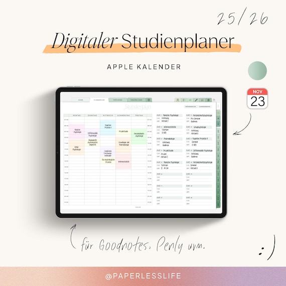 Digitaler Studienplaner 2025/26 | Digitaler Semesterplaner für Goodnotes, Penly u.v.m. | Mit Apple Kalender Funktion | Salbei