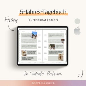Könnte beinhalten: Ein digitaler Planer auf einem Tablet-Bildschirm mit dem Text "5-Jahres-Tagebuch" und "QUERFORMAT | SALBEI". Der Planer ist für die Verwendung mit Goodnotes, Penly und anderen Notiz-Apps konzipiert. Der Text "@PAPERLESSLIFE" ist ebenfalls auf dem Bildschirm zu sehen.