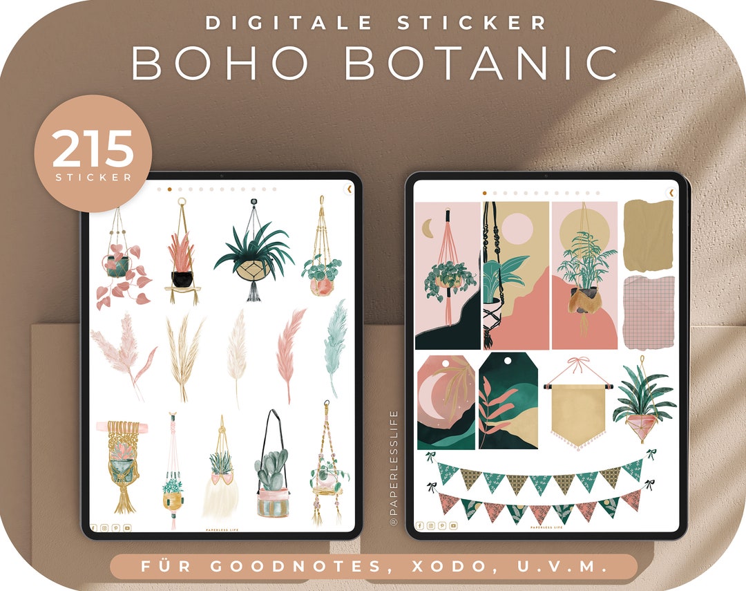 215 Digital Stickers Boho Botanic // for Goodnotes, XODO, Noteshelf and ...