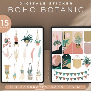 Könnte beinhalten: Digitaler Sticker-Set mit 215 Boho-Botanical-Illustrationen. Das Set enthält Pflanzen, Blumen und andere von der Natur inspirierte Designs. Die Sticker sind perfekt, um Ihren digitalen Planer, Notizen oder anderen digitalen Projekten einen Hauch von Verspieltheit zu verleihen. Der Text "FÜR GOODNOTES, XODO, U.V.M." wird am unteren Rand des Bildes angezeigt.