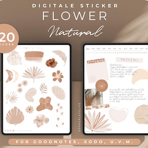 May include: A digital planner sticker pack with 120 natural flower stickers for Goodnotes, Xodo, and other apps. The stickers are in shades of brown and beige and feature flowers, leaves, and abstract shapes.
