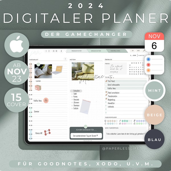 2024 Digital Planner German / GoodNotes Calendar iPad "The Gamechanger" with Apple Calendar Function | Mint