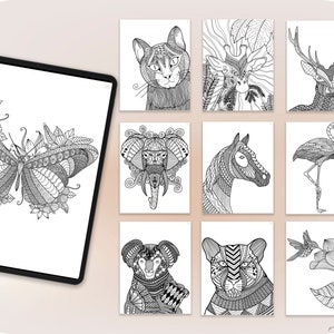 May include: A set of ten black and white printable coloring pages featuring various animals, including a butterfly, elephant, horse, flamingo, koala, and panther. Each animal is intricately designed with detailed patterns and swirls.