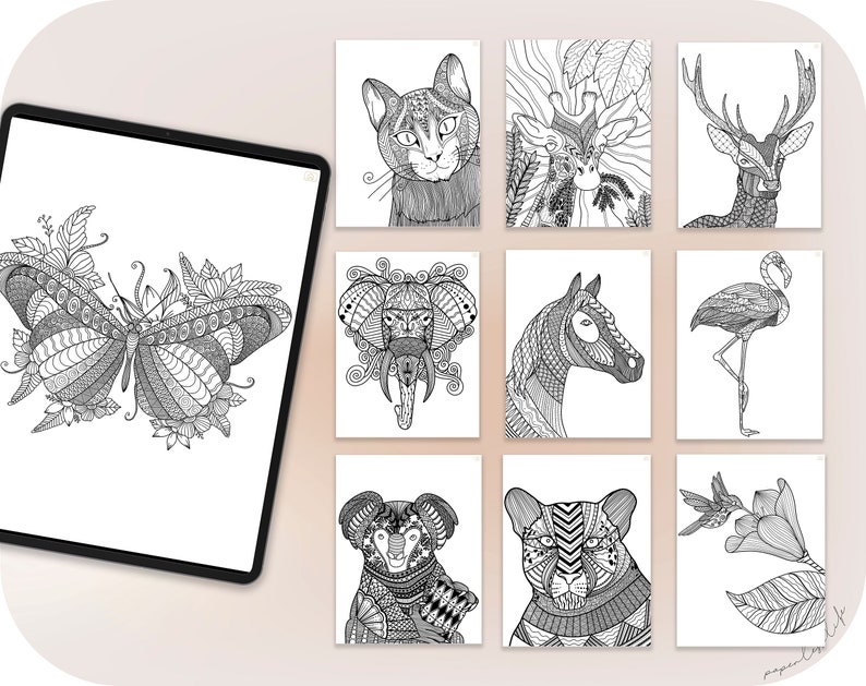 May include: A set of ten black and white printable coloring pages featuring various animals, including a butterfly, elephant, horse, flamingo, koala, and panther. Each animal is intricately designed with detailed patterns and swirls.