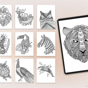 May include: A set of nine printable coloring pages featuring intricate line art designs of various animals, including a lion, owl, zebra, toucan, seahorse, turtle, peacock, dolphin, and tiger.
