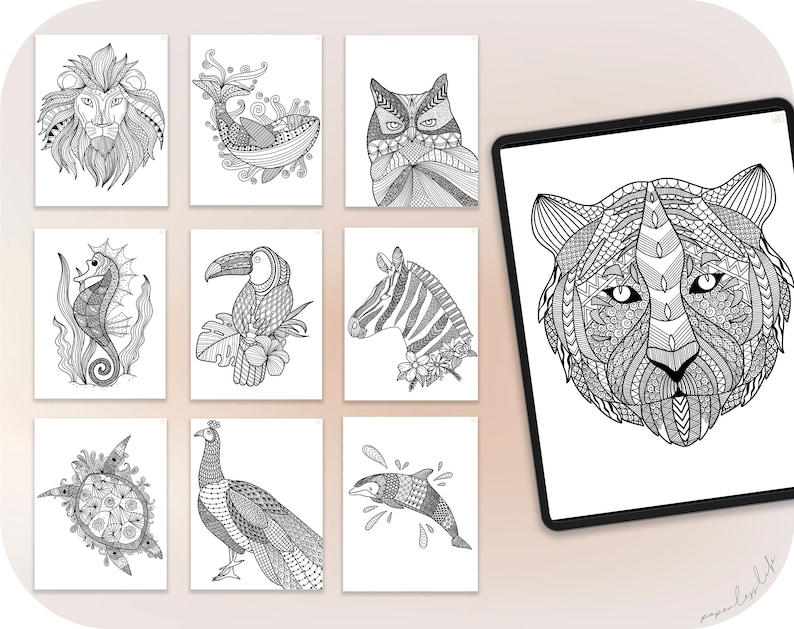 May include: A set of nine printable coloring pages featuring intricate line art designs of various animals, including a lion, owl, zebra, toucan, seahorse, turtle, peacock, dolphin, and tiger.