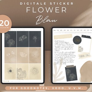May include: A digital planner page with 120 blue flower stickers. The page has a calendar, a reminder section, and a "Think Big" note. The stickers are for Goodnotes, Xodo, and other apps.
