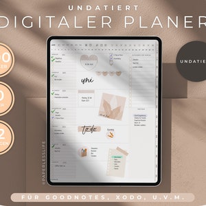 Könnte beinhalten: Ein digitaler Planer auf einem Tablet-Bildschirm mit einem beige-weißen Farbschema. Der Planer enthält Abschnitte für "Uni", "To Do" und "Emre". Der Text "UNDATIERT" erscheint oben im Planer und oben rechts auf dem Bildschirm. Der Text "FÜR GOODNOTES, XODO, U.V.M." erscheint unten auf dem Bildschirm.