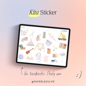 Könnte beinhalten: Eine digitale Illustration von bunten Stickern für Goodnotes, Penly und andere Notiz-Apps. Die Sticker zeigen Bilder von einer Schaukel, einem Sandkasten, einem Spielzeuglaster, einem Buch, einem Pinsel, einer Musiknote und vielem mehr. Der Text "Kita Sticker" befindet sich oben im Bild, und der Text "@PAPERLESSLIFE" befindet sich unten im Bild.