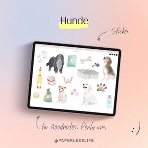 Könnte beinhalten: Ein digitaler Tablet-Bildschirm zeigt eine Reihe von bunten Hundestickern für Goodnotes, Penly und andere Notiz-Apps. Die Sticker beinhalten Hunde, Knochen, Hundespielzeug und andere Hunde-Artikel. Der Text "Hunde" befindet sich oben auf dem Bildschirm, und der Text "für Goodnotes, Penly, uvm." befindet sich unten auf dem Bildschirm. Der Text "Sticker" ist über dem Tablet-Bildschirm geschrieben.