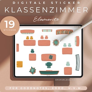 May include: A digital sticker set featuring 19 classroom elements, including desks, chairs, a bookshelf, a plant, and a whiteboard. The stickers are designed for use with digital note-taking apps such as Goodnotes and Xodo.