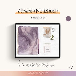 Könnte beinhalten: Ein digitales Notizbuch mit einem violetten Marmormuster und dem Text "notizen" auf dem Cover. Das Notizbuch ist auf einer Seite mit einem Monatskalender und einem "Work Mode On"-Bereich geöffnet. Der Text "Digitales Notizbuch 5 REGISTER" befindet sich oben im Bild. Der Text "( für Goodnotes. Penly uvm. @PAPERLESSLIFE :)" befindet sich unten im Bild.