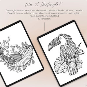 May include: Two black and white coloring pages. The first page features a whale with intricate patterns. The second page features a toucan with intricate patterns sitting on a leaf.