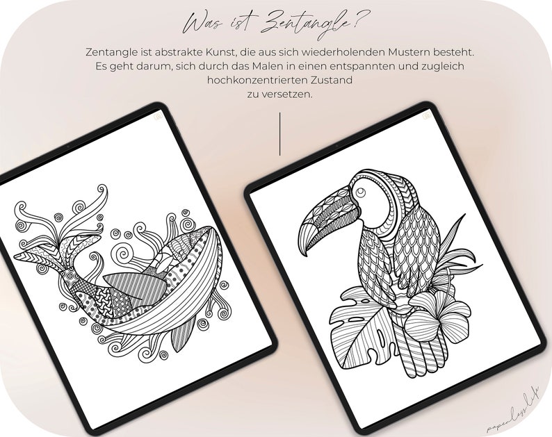 May include: Two black and white coloring pages. The first page features a whale with intricate patterns. The second page features a toucan with intricate patterns sitting on a leaf.