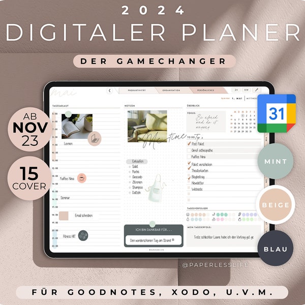 2024 Digitaler Planer Deutsch / GoodNotes Kalender iPad "Der Gamechanger" mit Google Kalender Funktion | Beige