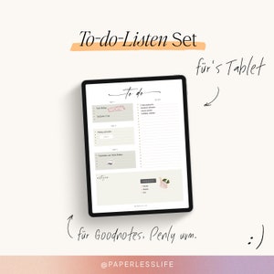 Könnte beinhalten: Ein digitales To-do-Listen-Set, das auf einem Tablet angezeigt wird. Der Bildschirm zeigt eine To-do-Liste mit Abschnitten für Aufgaben und Notizen. Der Text "To-do-Listen Set" steht oben. Zusätzlicher Text enthält "WICHTIG" und "für's Tablet".