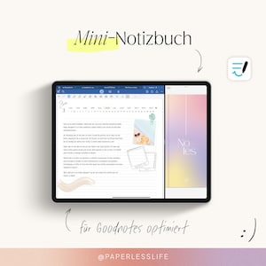 Op de afbeelding: Een digitale planner met een kalender en gelinieerde notitiepagina's. De planner is open op een tabletscherm en is gelabeld "Mini-Notizbuch" en "für Goodnotes optimiert". De tablet staat naast een roze en oranje gradiëntomslag met het woord "Notes" erop. De afbeelding is gelabeld "@PAPERLESSLIFE".