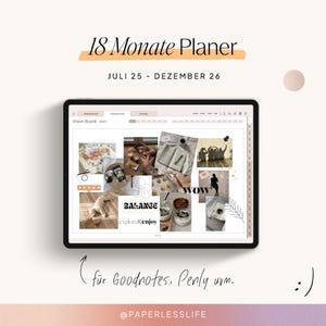 Könnte beinhalten: Ein digitales Vision Board auf einem Tablet, mit einer Collage aus Bildern und Text. Der Text lautet "18 Monate Planer" und "JULI 25 - DEZEMBER 26." Das Board enthält die Wörter "BALANCE" und "explore&enjoy."