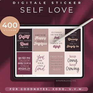 Könnte beinhalten: Ein digitales Sticker-Paket für Goodnotes, Xodo und andere Notiz-Apps. Das Paket enthält 400 Sticker mit Selbstliebe-Affirmationen und Zitaten. Die Sticker sind in einem rosa und braunen Farbschema mit einem digitalen Tablet im Hintergrund.