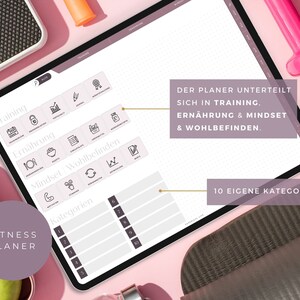 May include: A pink and white digital planner with the text "FITNESS PLANER" in a circle at the bottom left. The planner is divided into sections for training, nutrition, mindset, and well-being. The text "DER PLANER UNTERTEILT SICH IN TRAINING, ERN&Auml;HRUNG & MINDSET & WOHLBEFINDEN." is at the top of the planner. The text "10 EIGENE KATEGORIEN" is at the bottom right of the planner.